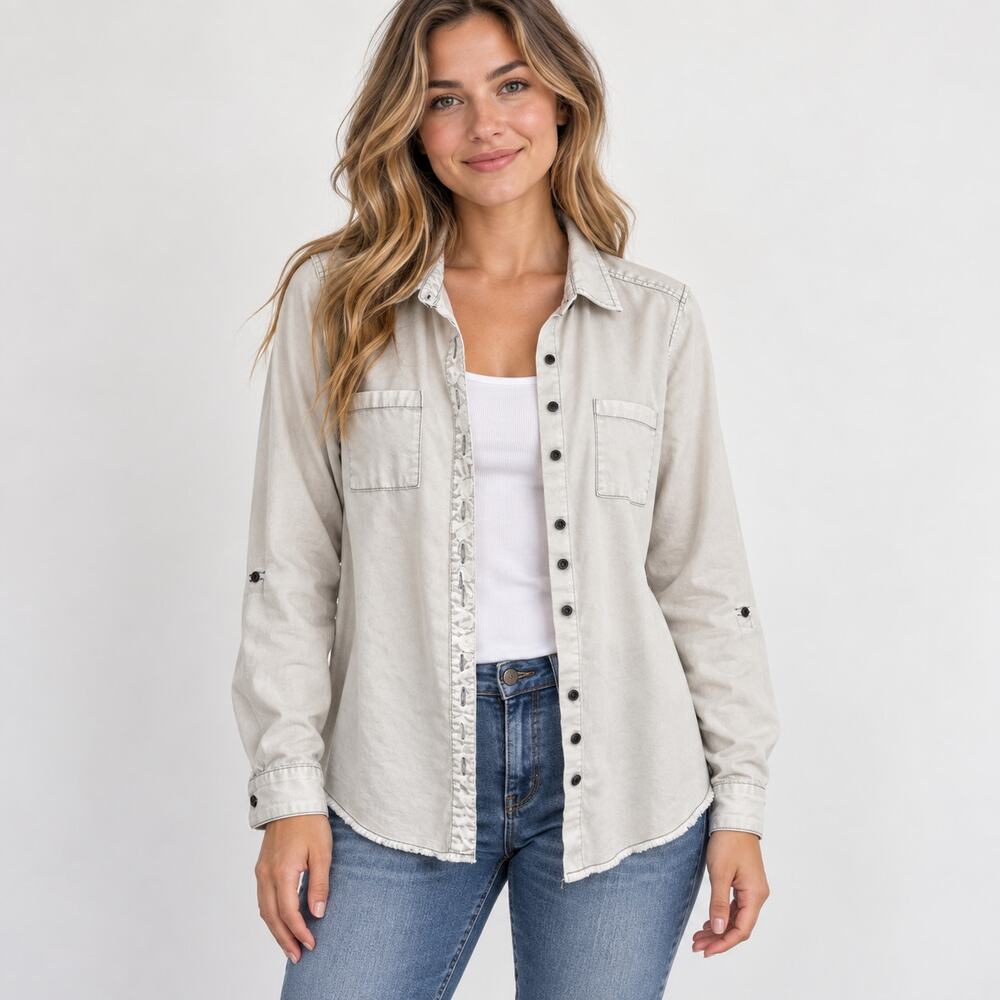 Women’s Medium Light Wash Denim Button-Up Shirt Lace Back